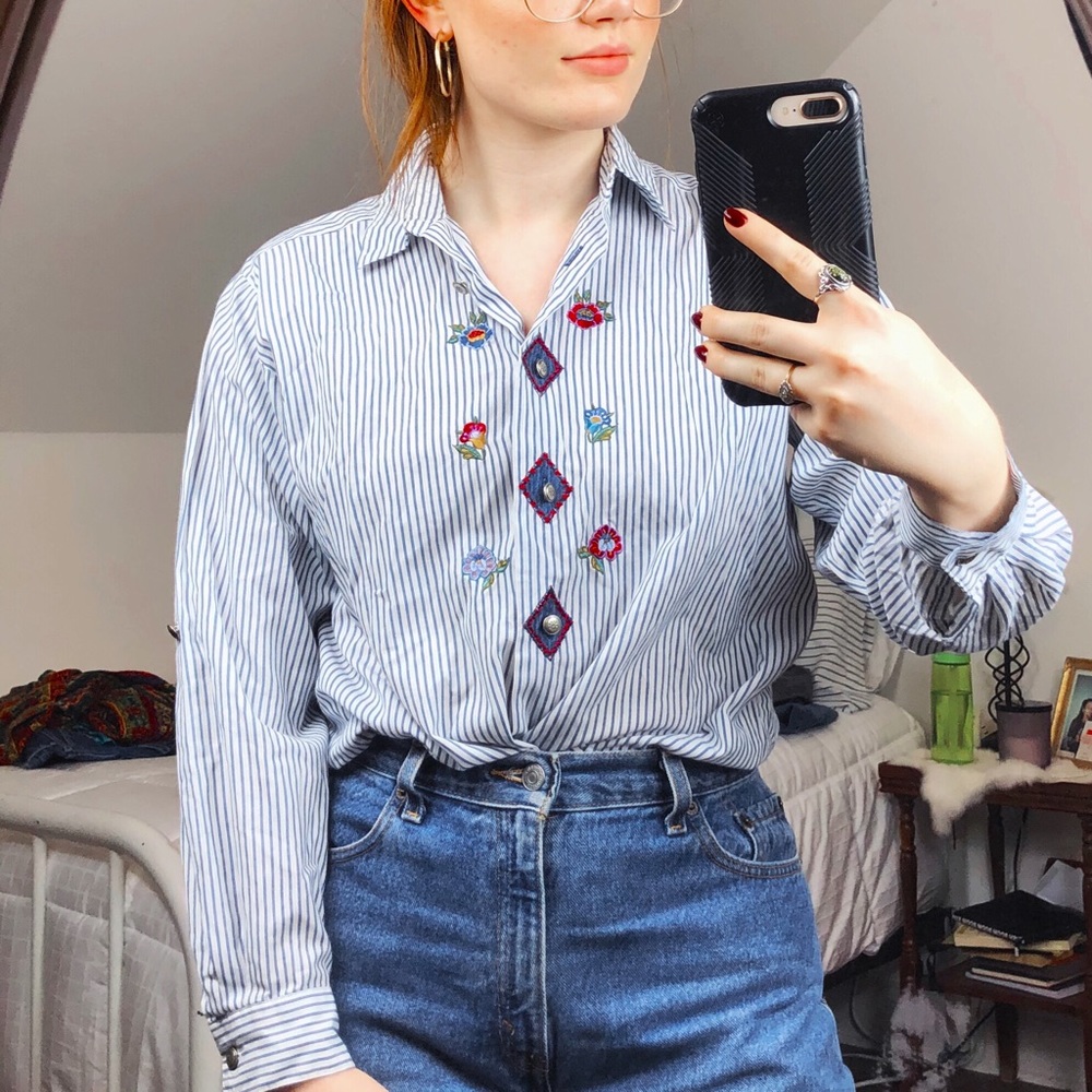 Vintage 80’s 90’s Embroidered Striped Button-Down